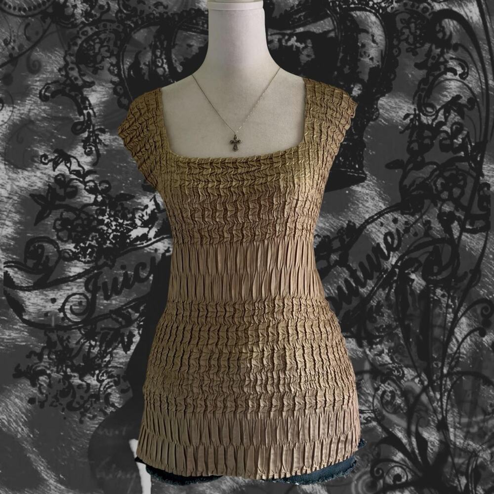 muted bronze gold square neck crinkle glam retro tank top